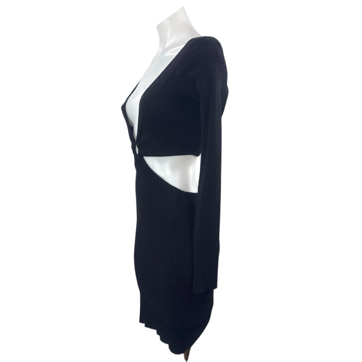 Princess Polly Lucia Black Ribbed Knit Cut Out Long Sleeve Mini Bodycon Dress XS