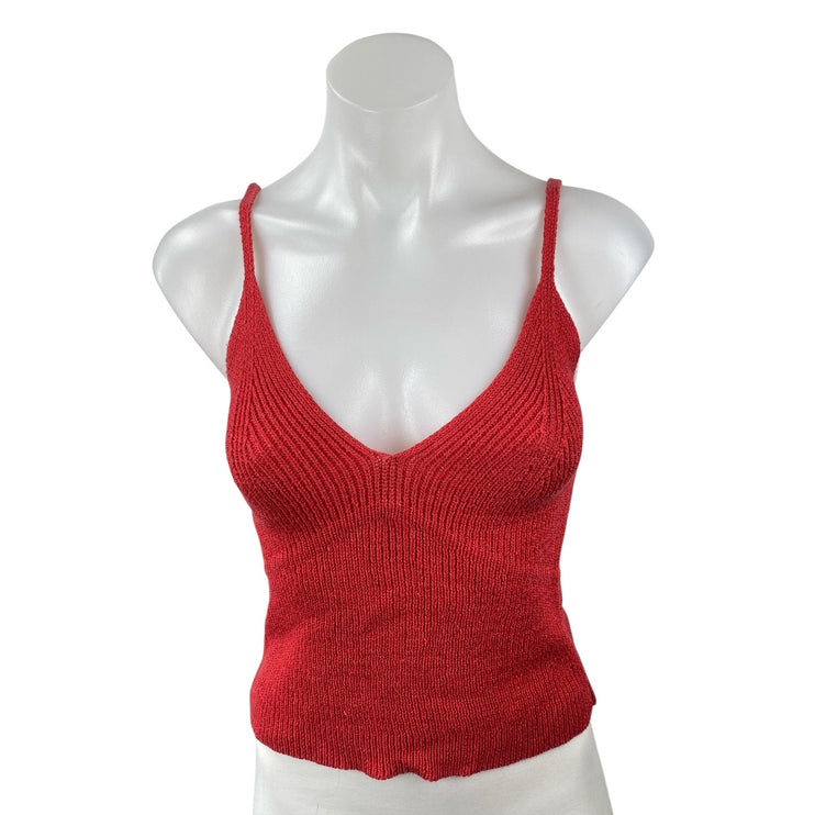 Zara Women's Red Linen Ribbed V Neck Sleeveless Crop Cami Camisole Tank Top Sz S