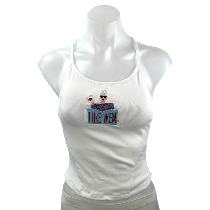 Women's White Embroidered I Like Men Rib Knit Sleeveless Cami Tank Top Size S