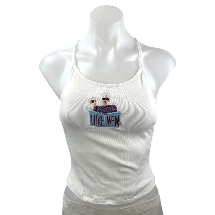 Women's White Embroidered I Like Men Rib Knit Sleeveless Cami Tank Top Size S