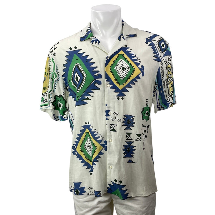 Zara Men's White Short Sleeves Geometric Relaxed Fit Button Down Shirt Top Sz S
