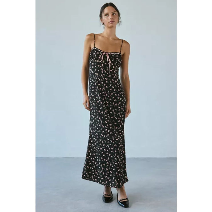 Urban Outfitters Kiss The Sky Black Floral Slit Bustier Cami Midi Slip Dress XS