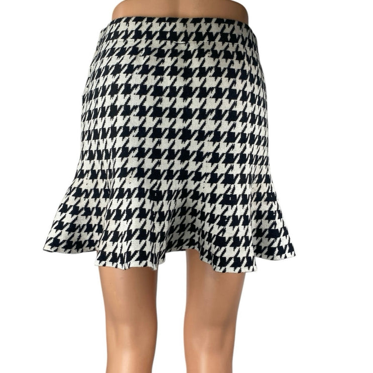 Shein Black White Houndstooth Ruffle Knit Pull On Mini A-Line Pencil Skirt Sz L