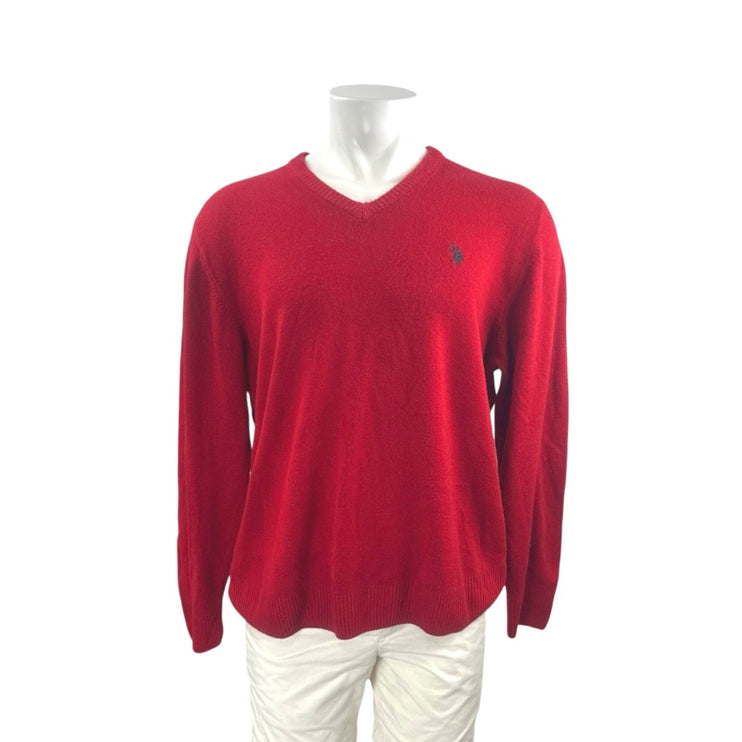 US Polo Assn Men's Red Long Sleeve V Neck Knit Logo Acrylic Sweater Top Size XL