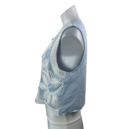Drole De Copine Blue Embroidered Button Down Sleeveless Cardigan Crop Top M/L