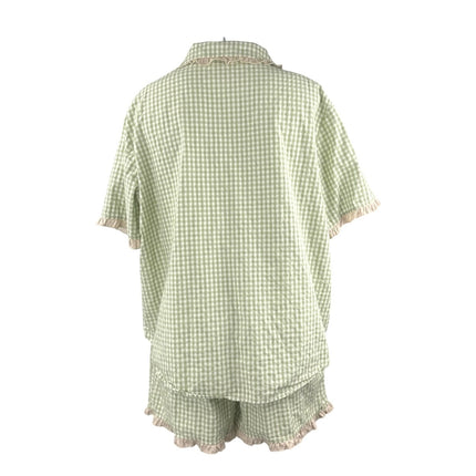 Fiarady Green Gingham Check Ruffle Button Up Shirt Short Sleepwear Pajama Set XL
