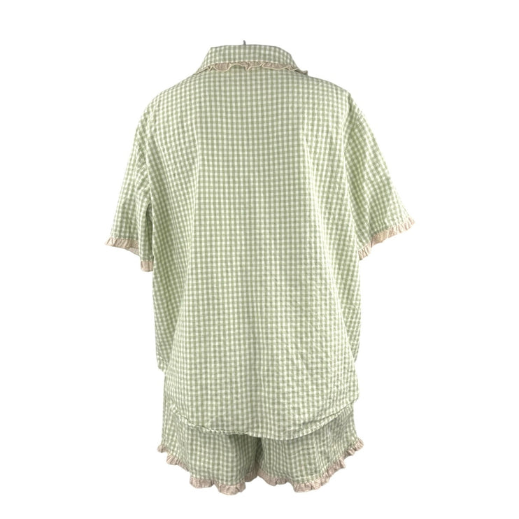 Fiarady Green Gingham Check Ruffle Button Up Shirt Short Sleepwear Pajama Set XL