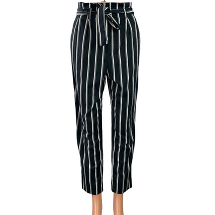 H&M Women's Black White Striped Tie Waist Belt Paperbag Trousers Pants Size 4