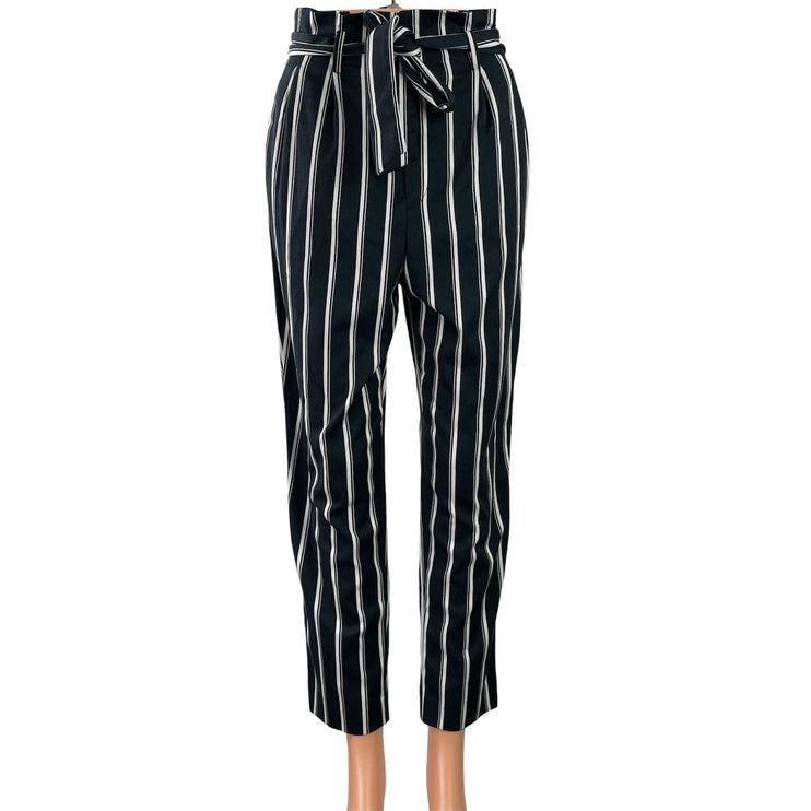 H&M Women's Black White Striped Tie Waist Belt Paperbag Trousers Pants Size 4