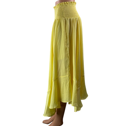 Anthropologie Women's Yellow Smocked Asymmetrical Handkerchief Hem Midi Skirt S