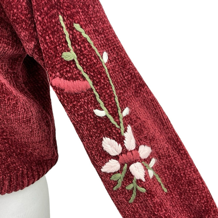 Jun & Ivy Maroon Floral Embroidered Balloon Long Sleeves Pullover Sweater Size L