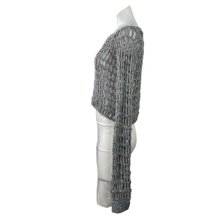 Women's Gray Sheer Open Knit Fishnet Boat Neck Long Sleeve Crop Sweater Top M