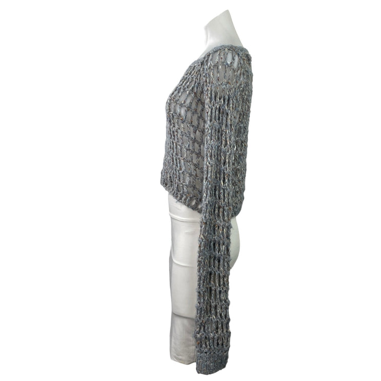 Women's Gray Sheer Open Knit Fishnet Boat Neck Long Sleeve Crop Sweater Top M