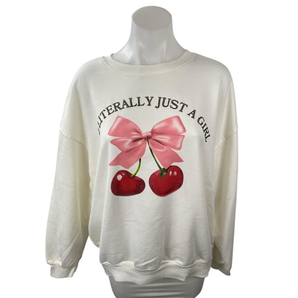 Wound Up Cream Cherry Bow Fleece Just A Girl Long Sleeve Sweatshirt Top Size L