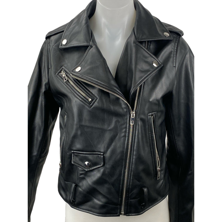 Zara Black Faux Vegan Leather Notch Collar Long Sleeve Moto Biker Coat Jacket M