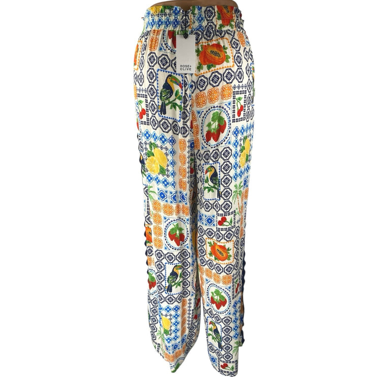 NEW Rose + Olive Framed Fruits Multicolor Wide Leg Palazzo Trousers Pants Size M