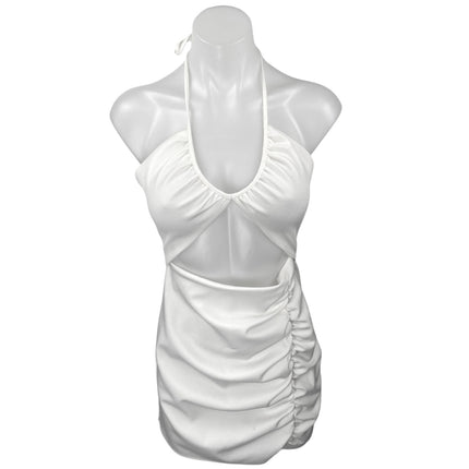 Zara White Halter Sleeveless Cutout Open Back Ruched Mini Bodycon Dress Size S