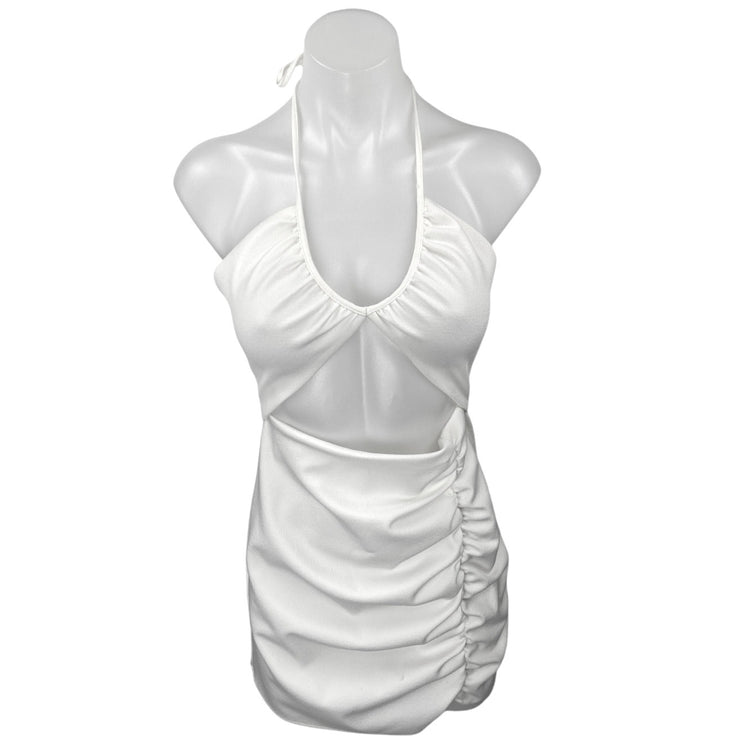 Zara White Halter Sleeveless Cutout Open Back Ruched Mini Bodycon Dress Size S