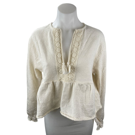H&M Women's Cream Floral Lace Tassel Ruffle Long Sleeve Peplum Blouse Top Size M