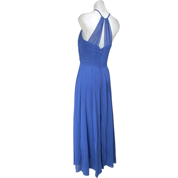 JJ's House Blue Sleeveless Pleated Halter Cami Maxi Bridesmaid A-Line Dress Sz S