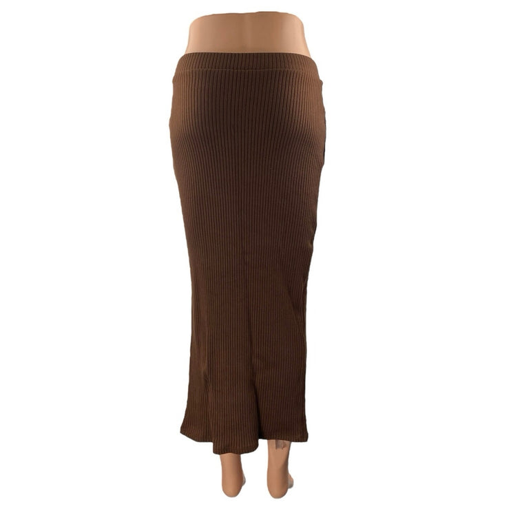 Social Tourist Women's Brown Ribbed High Waist Slit Midi Knit Pencil Skirt Sz S