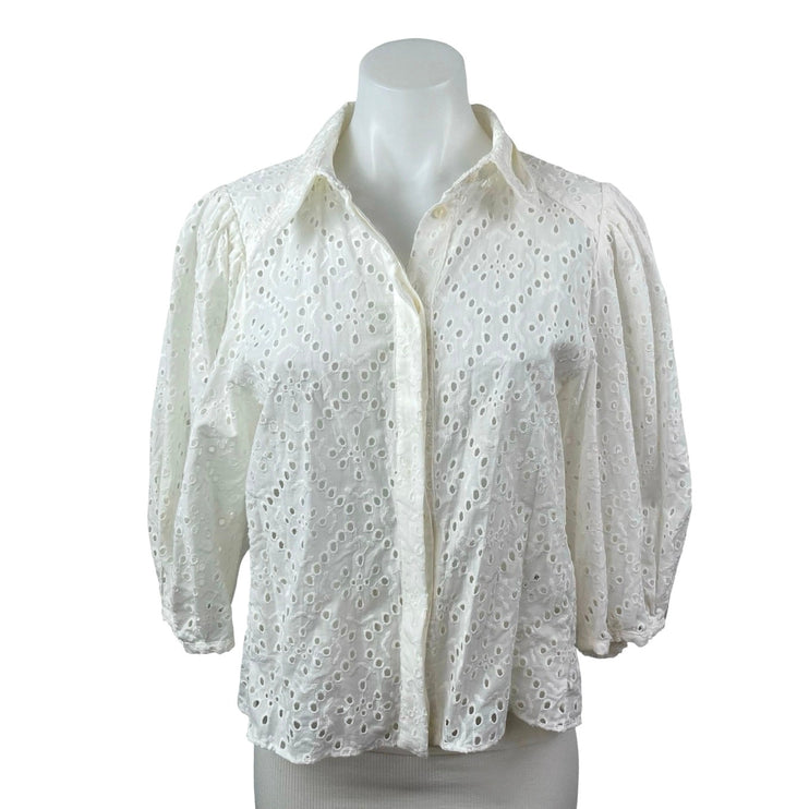 NEW Zara Women's White Embroidered Eyelet Argyle Button Down Shirt Top Size L