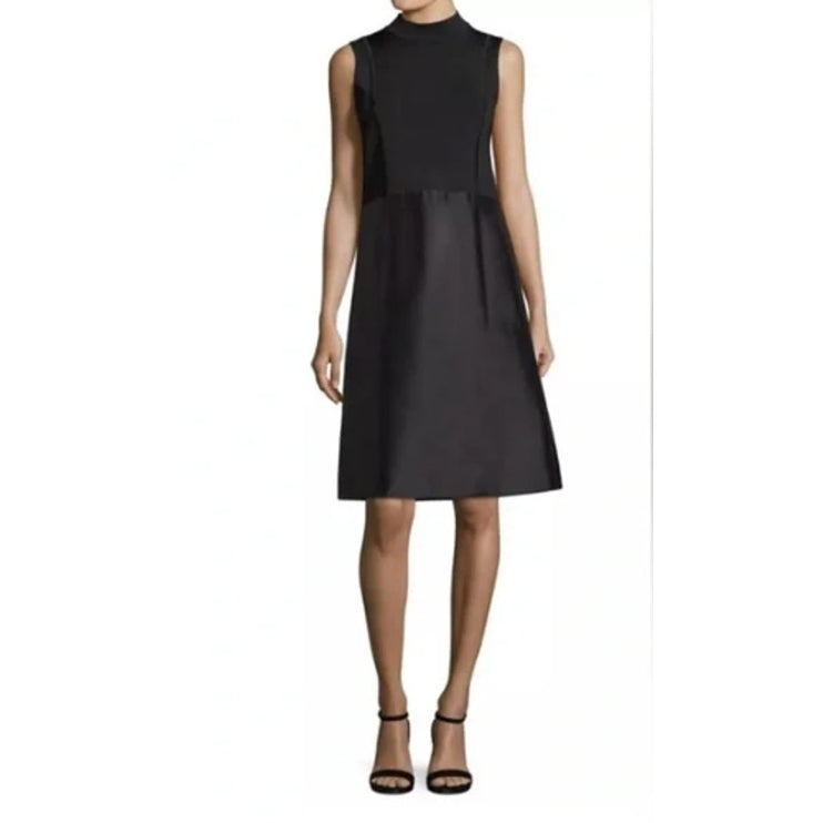 Lafayette 148 Indra Black Sleeveless Mock Neck Tank Flared A Line Midi Dress S