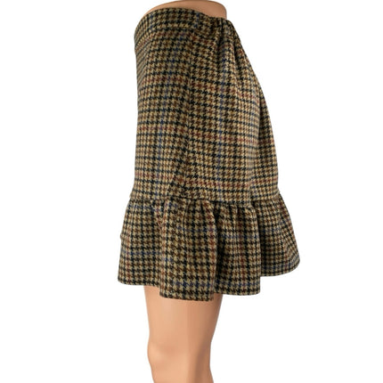 J.Crew Multicolor Brown Wool Houndstooth Ruffle Flounce Hem Mini A-Line Skirt 0
