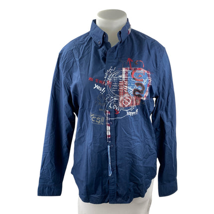 Desigual Women's Blue Long Sleeve Patchwork Pocket Button Down Shirt Top Size XL