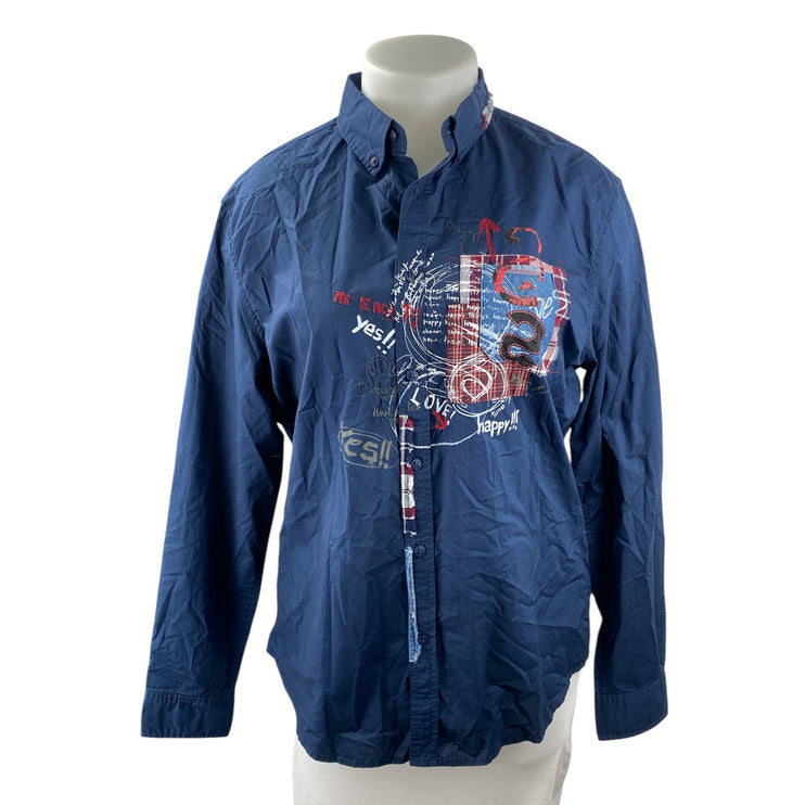Desigual Women's Blue Long Sleeve Patchwork Pocket Button Down Shirt Top Size XL