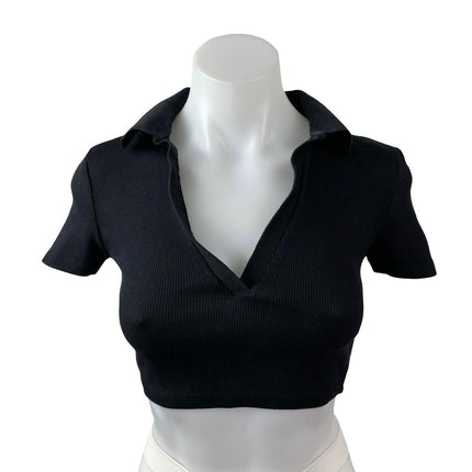 Zara Women's Black Ribbed Knit Short Sleeve V Neck Collared Polo Crop Top Size S