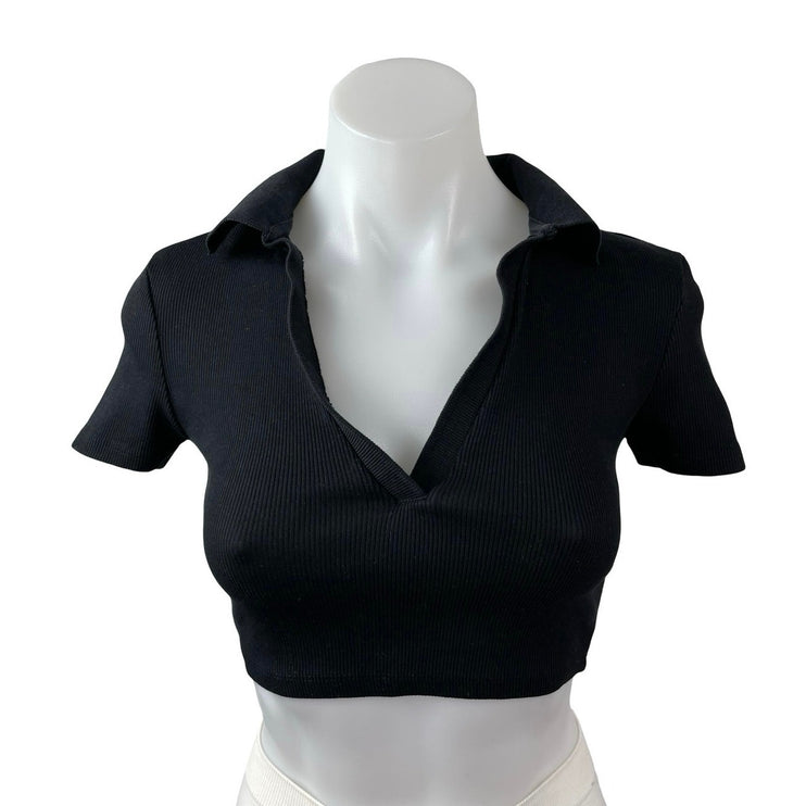 Zara Women's Black Ribbed Knit Short Sleeve V Neck Collared Polo Crop Top Size S