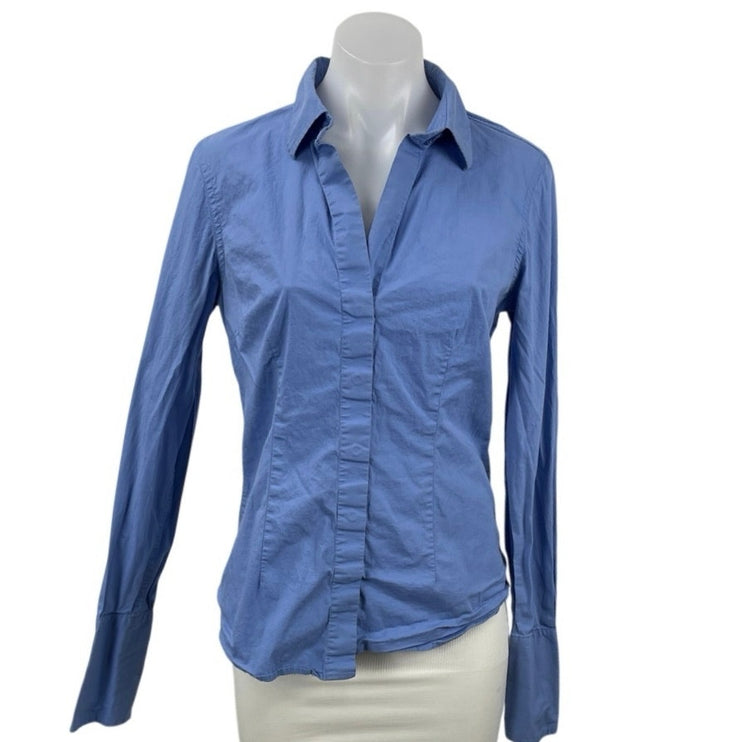 MODA International Women's Blue Slim Long Sleeve V Neck Button Down Shirt Top M