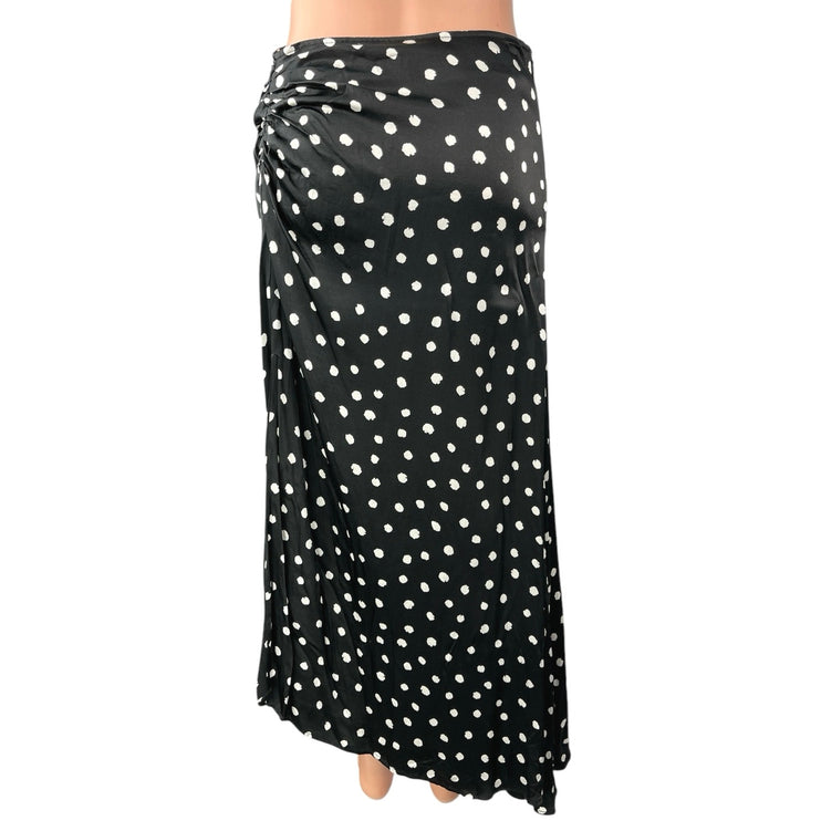 Zara Black White Silk Satin Polka Dots High Waist Ruched Midi Slip Skirt Size S