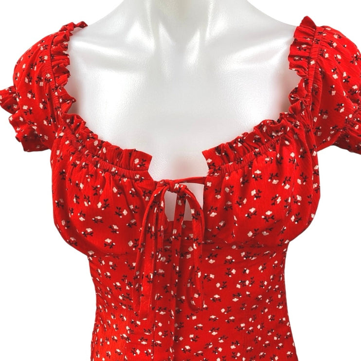 Polly Red Floral Short Puff Sleeve Tie Front Ruffle Mini Bodycon Dress Size 6