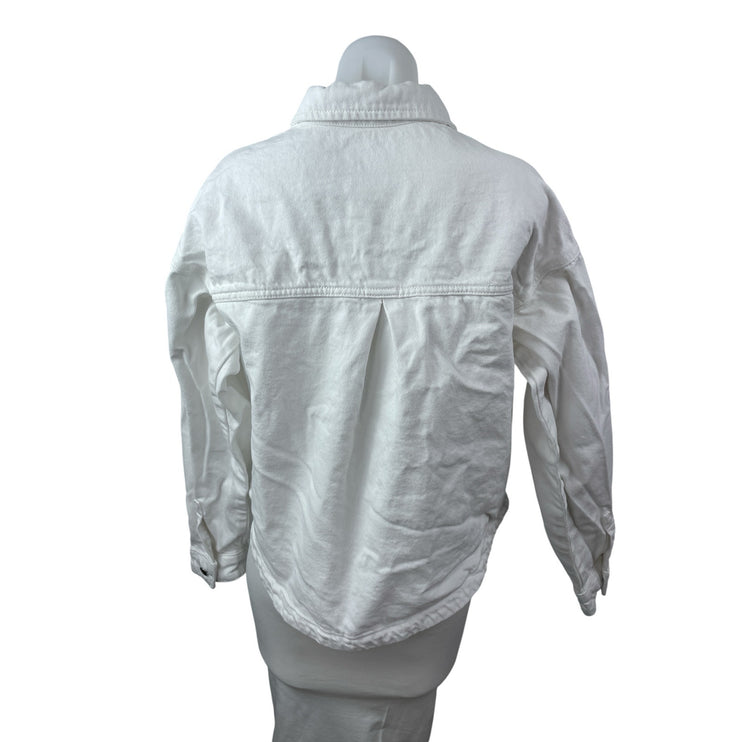 Zara Women's White Collared Long Sleeve Button Down Shirt Denim Coat Jacket M/L