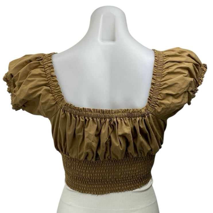 Danielle Bernstein Brown V-neck Smocked Short Puff Sleeve Crop Blouse Top Size M