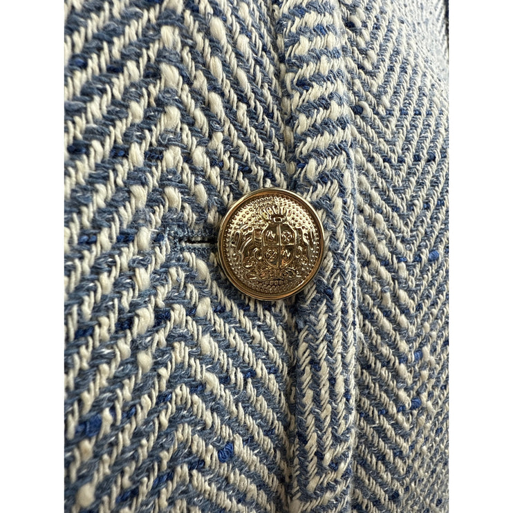 Zara Women's Blue Herringbone Gold Button Long Sleeve Cropped Blazer Jacket S