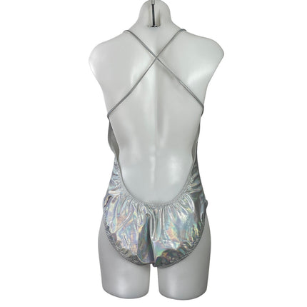 Norma Kamali Fara Low Back Mio Silver Hologram One Piece Swimsuit Swimwear XL