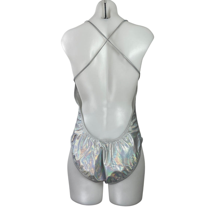 Norma Kamali Fara Low Back Mio Silver Hologram One Piece Swimsuit Swimwear XL