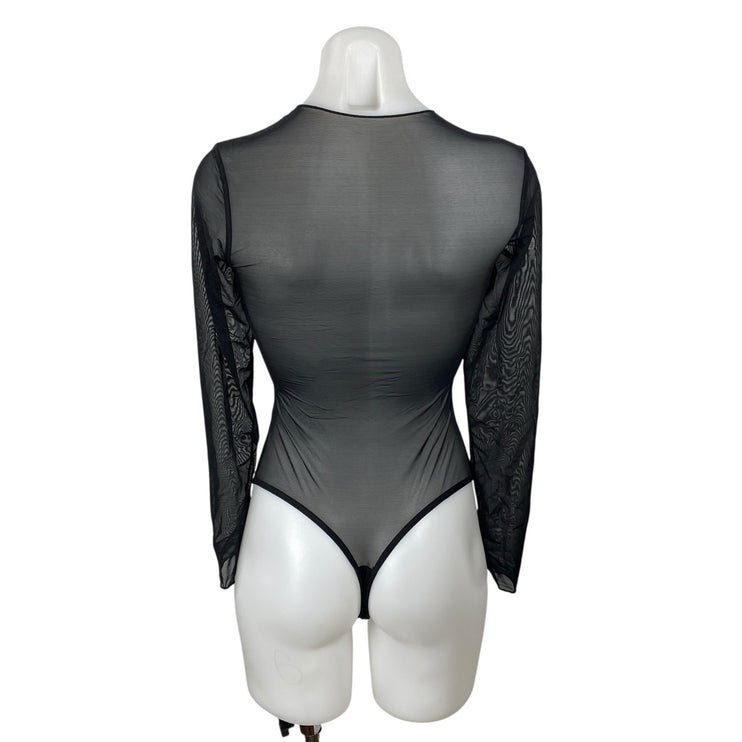 Popilush Shapewear Illusion Mesh Sheer Sweetheart Long Sleeve Bodysuit Top Sz S