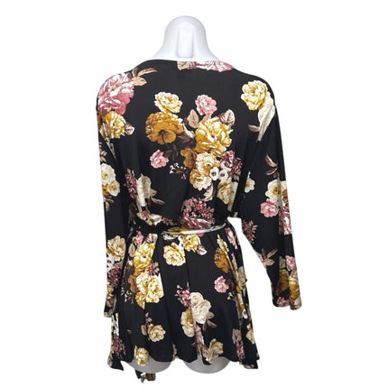 Torrid Women's Black Floral Long Sleeve Tie Deep V Neck Wrap Mini Dress Size 4