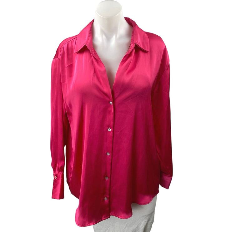 NEW Zara Women's Pink Silk Satin Long Sleeve Button Down Blouse Shirt Top Size L