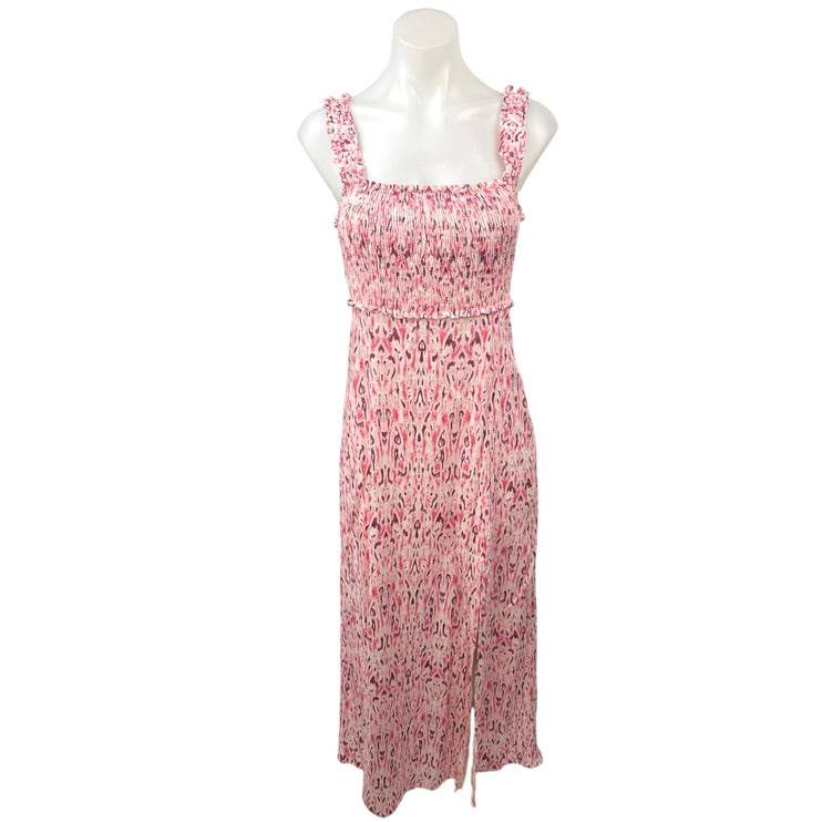 NEW Zara Pink Floral Smocked Ruffle Sleeveless Slit Casual Midi Dress Size S