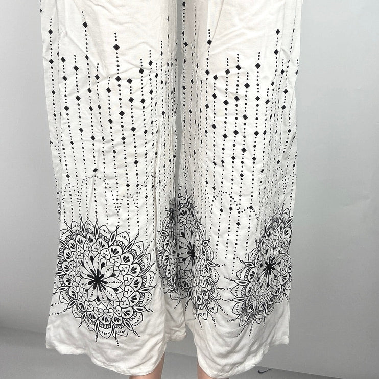 Women's White Black Drawstring Printed Ankle Elastic Waist Wide Leg Pants Size S