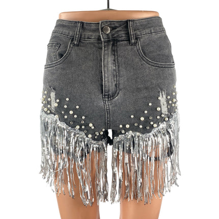 Women's Gray Distressed Pearl Rhinestone Sequin Fringe Frayed Hem Denim Shorts M