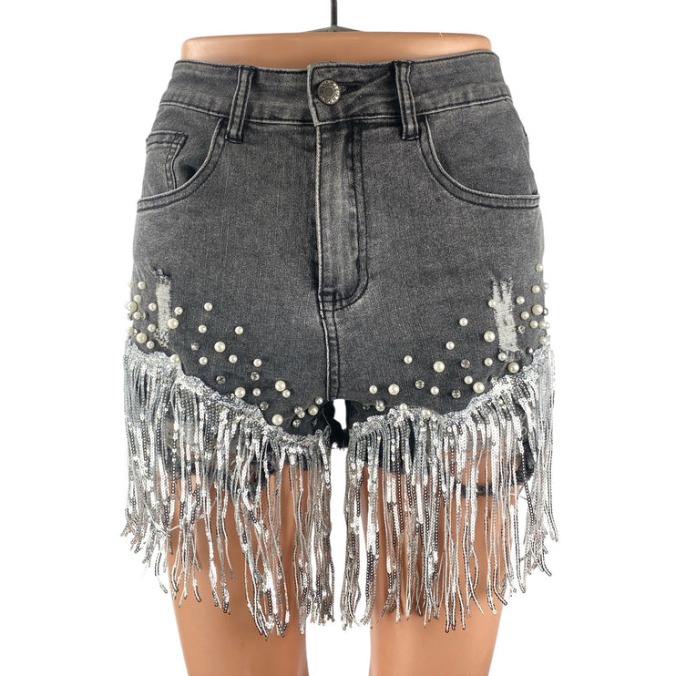 Women's Gray Distressed Pearl Rhinestone Sequin Fringe Frayed Hem Denim Shorts M