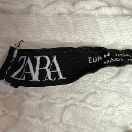 Zara White Short Puff Sleeve Sweetheart Neck Smocked Tie Front Crop Blouse Top M