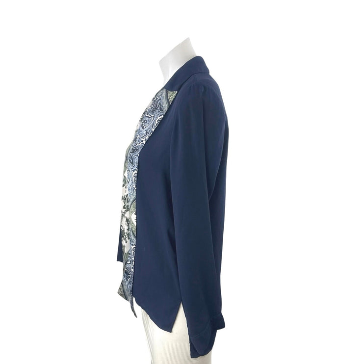 Zara Women's Blue Floral Paisley Long Sleeve V Neck Button Up Shirt Blouse Top S