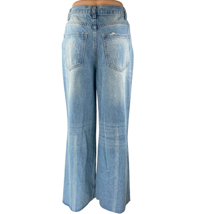 Signature 8 Womens Blue Distressed High Waist Wide Leg Baggy Denim Jeans Pants S